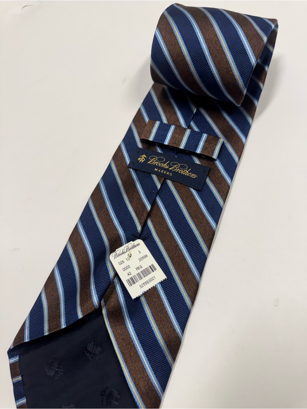 NEW Brooks Brothers Makers Pure Silk Tie Brown Blue Stripe Made in USA $98